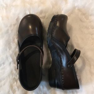 Sanita Brown Leather Mary Jane Clogs